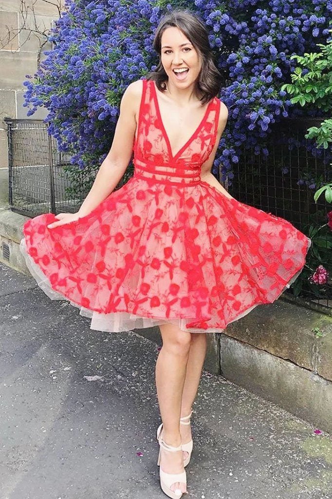 A-line V-neck short red lace decal halter formal homecoming dress