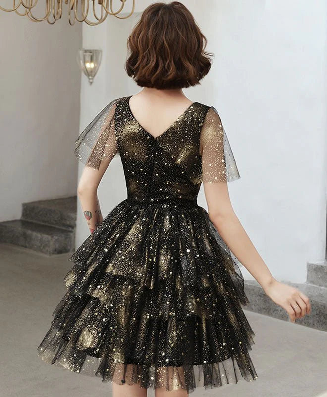 A-line V-neck short sheer formal homecoming dance party dress