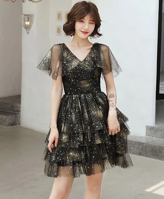 A-line V-neck short sheer formal homecoming dance party dress