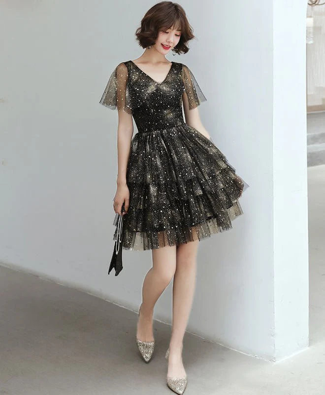 A-line V-neck short sheer formal homecoming dance party dress