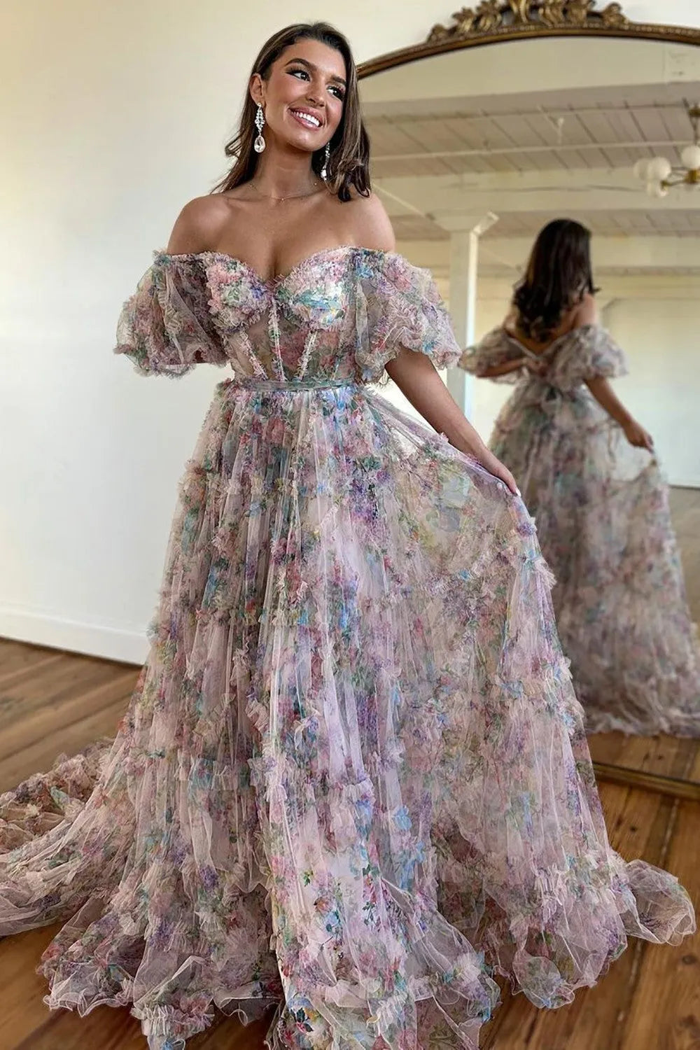 A-line elegant and sweet off the shoulder long sheer ball dress with belt