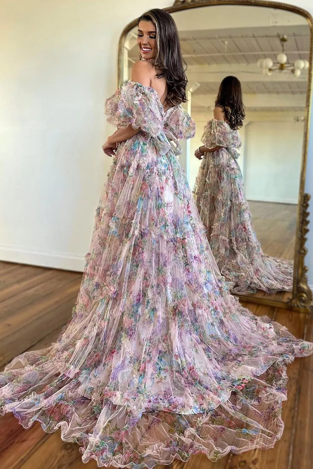 A-line elegant and sweet off the shoulder long sheer ball dress with belt