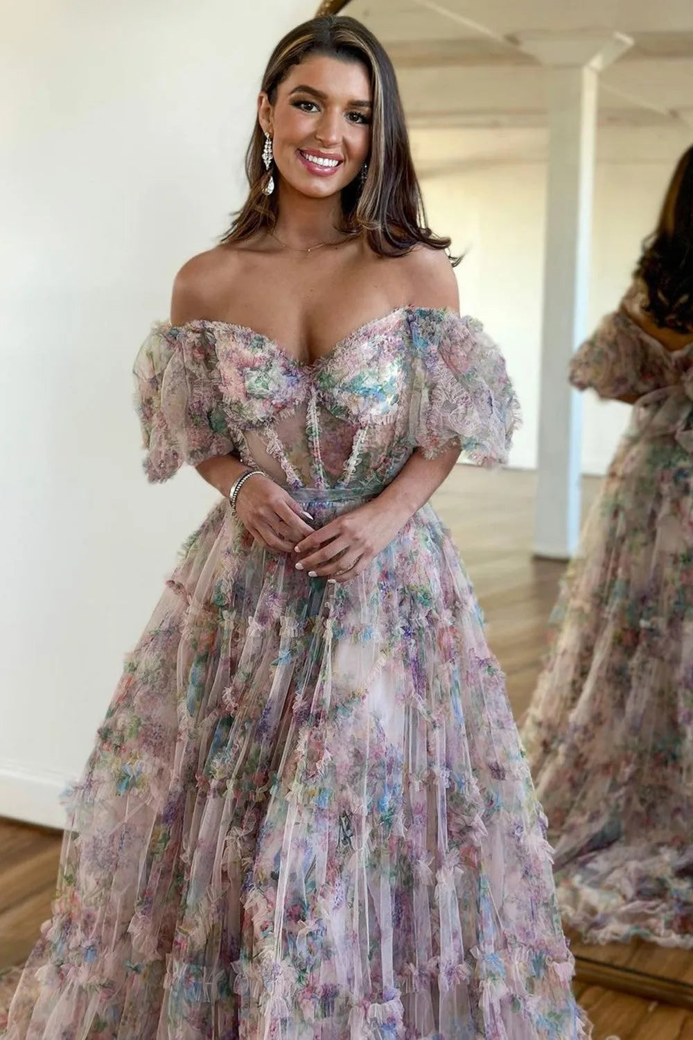 A-line elegant and sweet off the shoulder long sheer ball dress with belt