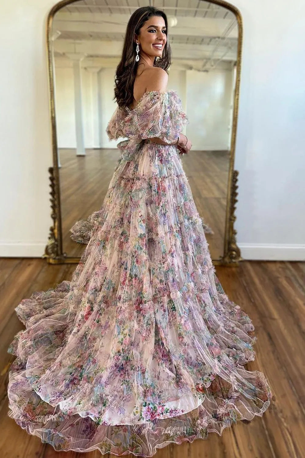 A-line elegant and sweet off the shoulder long sheer ball dress with belt