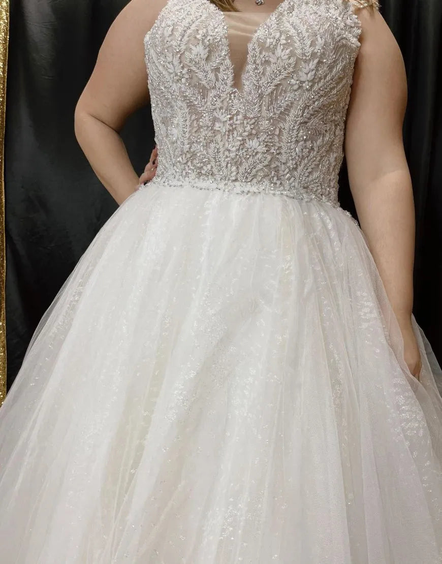 A-line Italian Noodle Sexy Strap sheer glitter plus size Wedding Dress