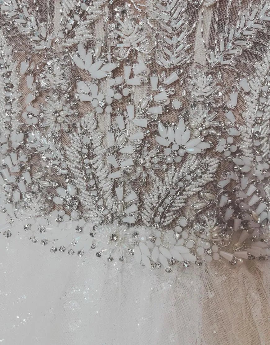 A-line Italian Noodle Sexy Strap sheer glitter plus size Wedding Dress