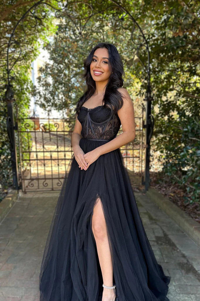 A-line sweet lace sheer long slit ball dress