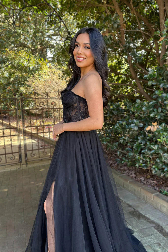 A-line sweet lace sheer long slit ball dress