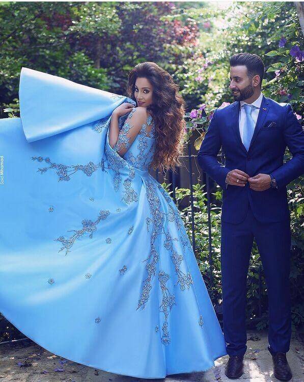 A-line Beautiful Elegant Blue Half Sleeved Satin Ball Sweet Lace Dress