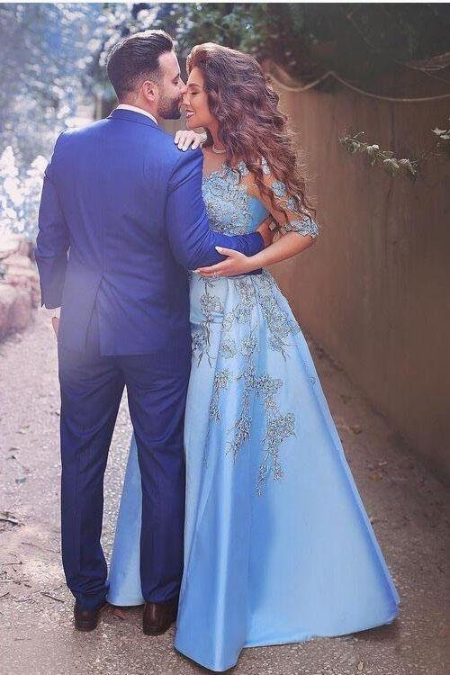 A-line Beautiful Elegant Blue Half Sleeved Satin Ball Sweet Lace Dress
