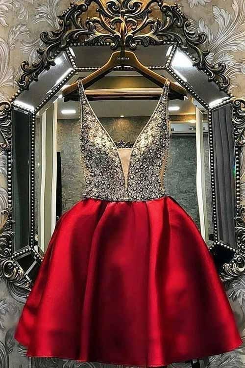 A-line Back to School Ball Dress Short V-neck Beaded Ball