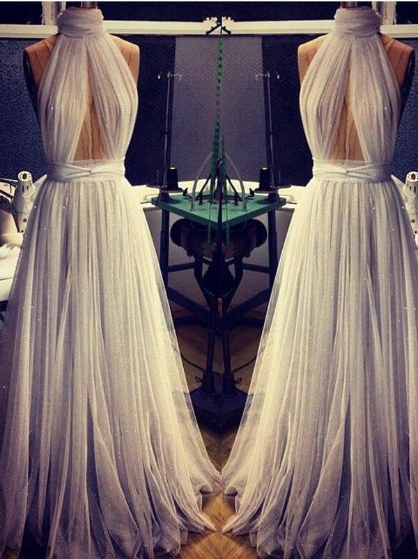 A-line long sexy minimalist ivory high necked sleeveless sheer ball dress