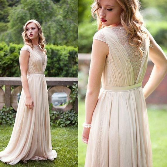 A-line elegant and minimalist chiffon long simple high necked dance dress