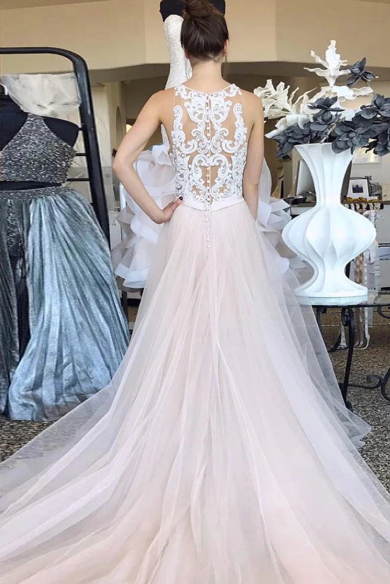 A-line suspender lace sheer and floor dance party evening dress