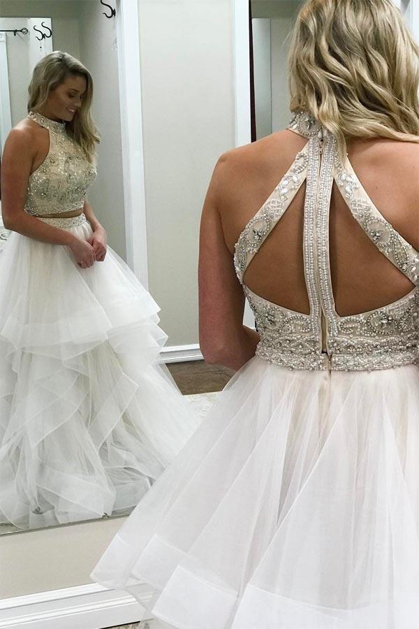 A-line Ivory Beaded Ball Dress Long Backless