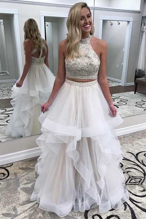 A-line Ivory Beaded Ball Dress Long Backless