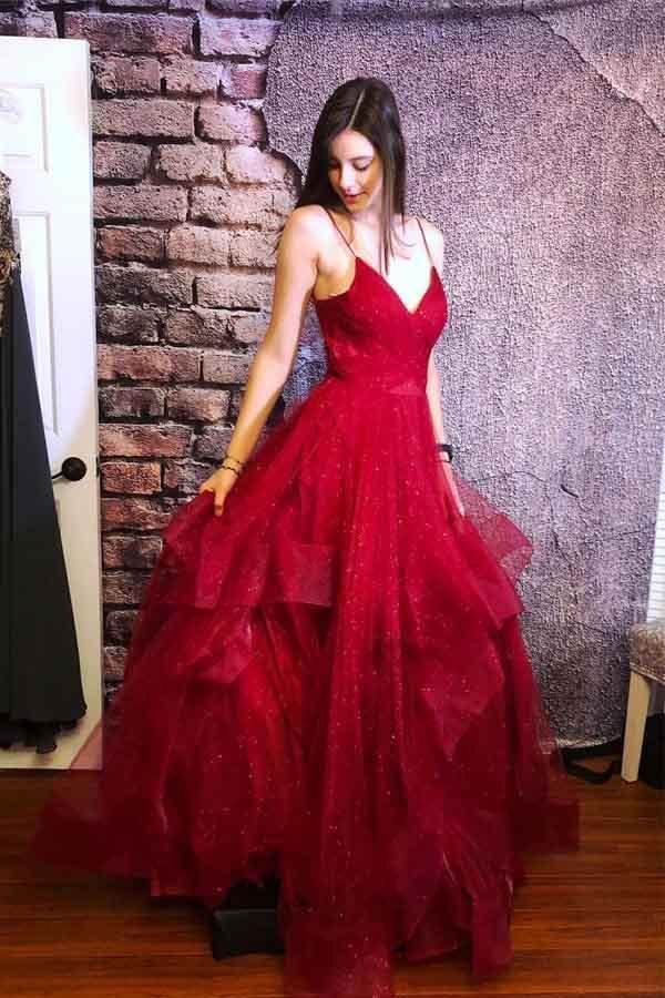 A-line Red Ruffle Edge Italian Noodle Strap V-neck Ball Dress Backless Long Style