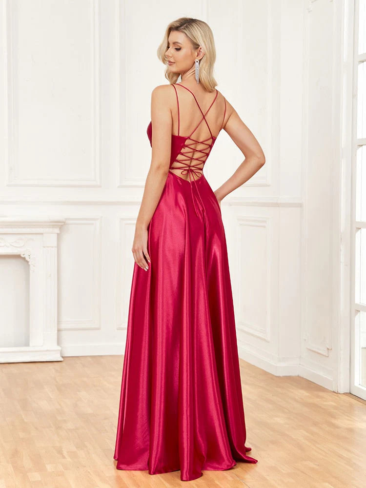 A-line pleated V-neck high slit elastic satin formal dance party dress