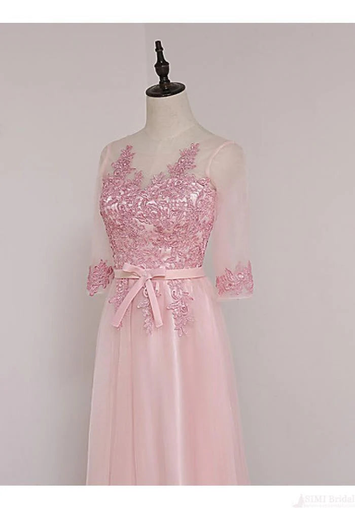 A-line crew-neck half-sleeve lace applique maxi dress evening gown