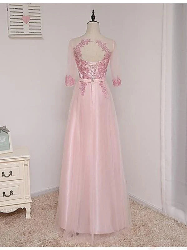 A-line crew-neck half-sleeve lace applique maxi dress evening gown
