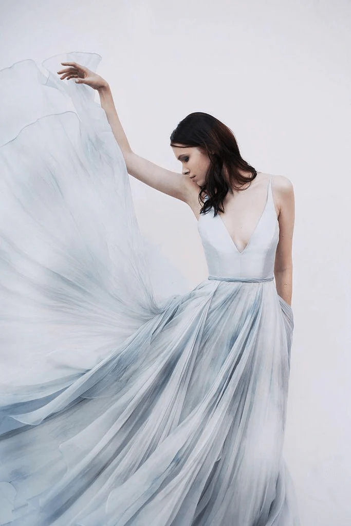 A-line sheer mixed color deep V-neck thin shoulder strap blue evening dress