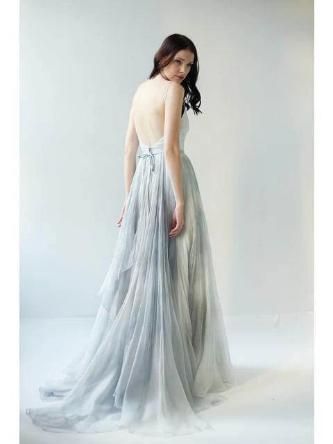 A-line sheer mixed color deep V-neck thin shoulder strap blue evening dress