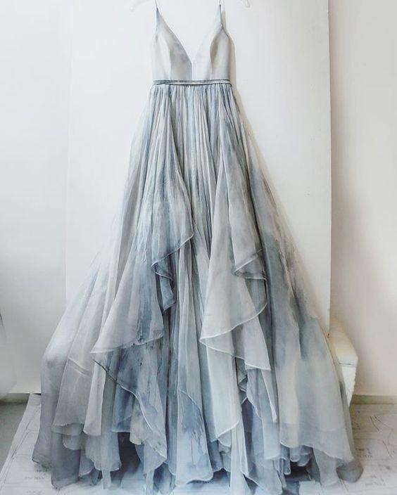 A-line sheer mixed color deep V-neck thin shoulder strap blue evening dress