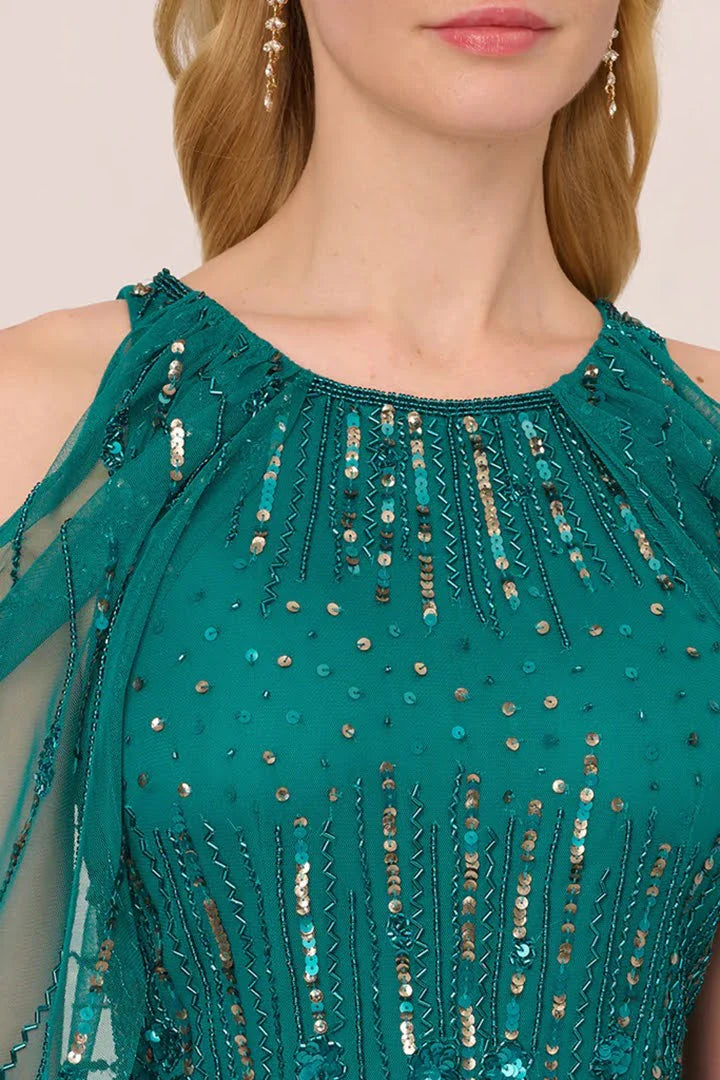 Cold shoulder crew neck beaded cape zipper closure mesh gown Mother of the Bride Dresses