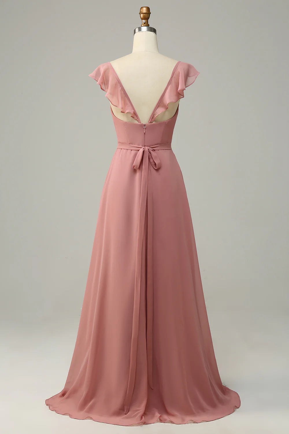 Rose Elegant and Sweet Lotus Leaf Edge Long Seam Slim Fit Bridesmaid Dress