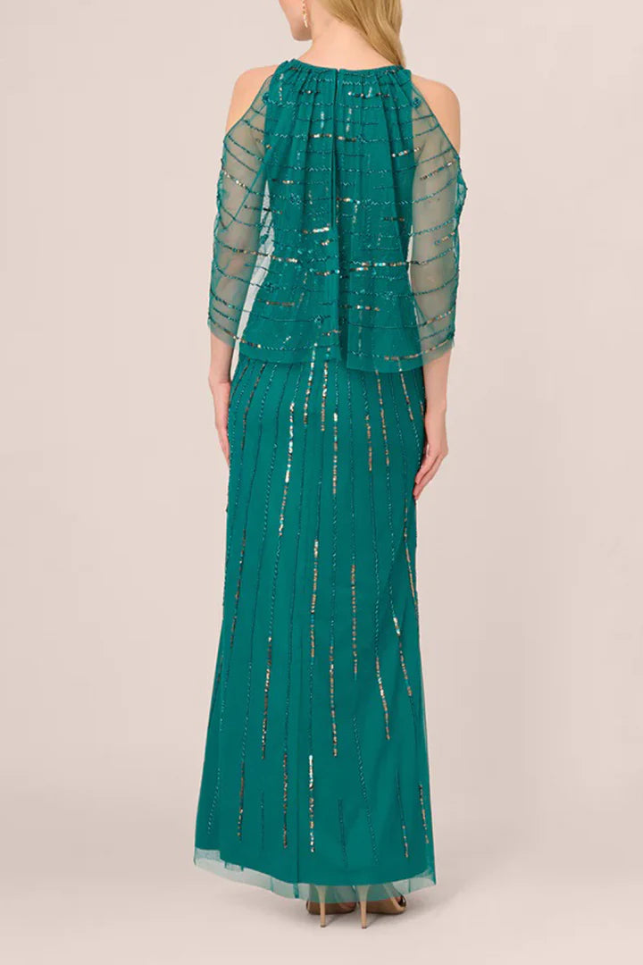 Cold shoulder crew neck beaded cape zipper closure mesh gown Mother of the Bride Dresses