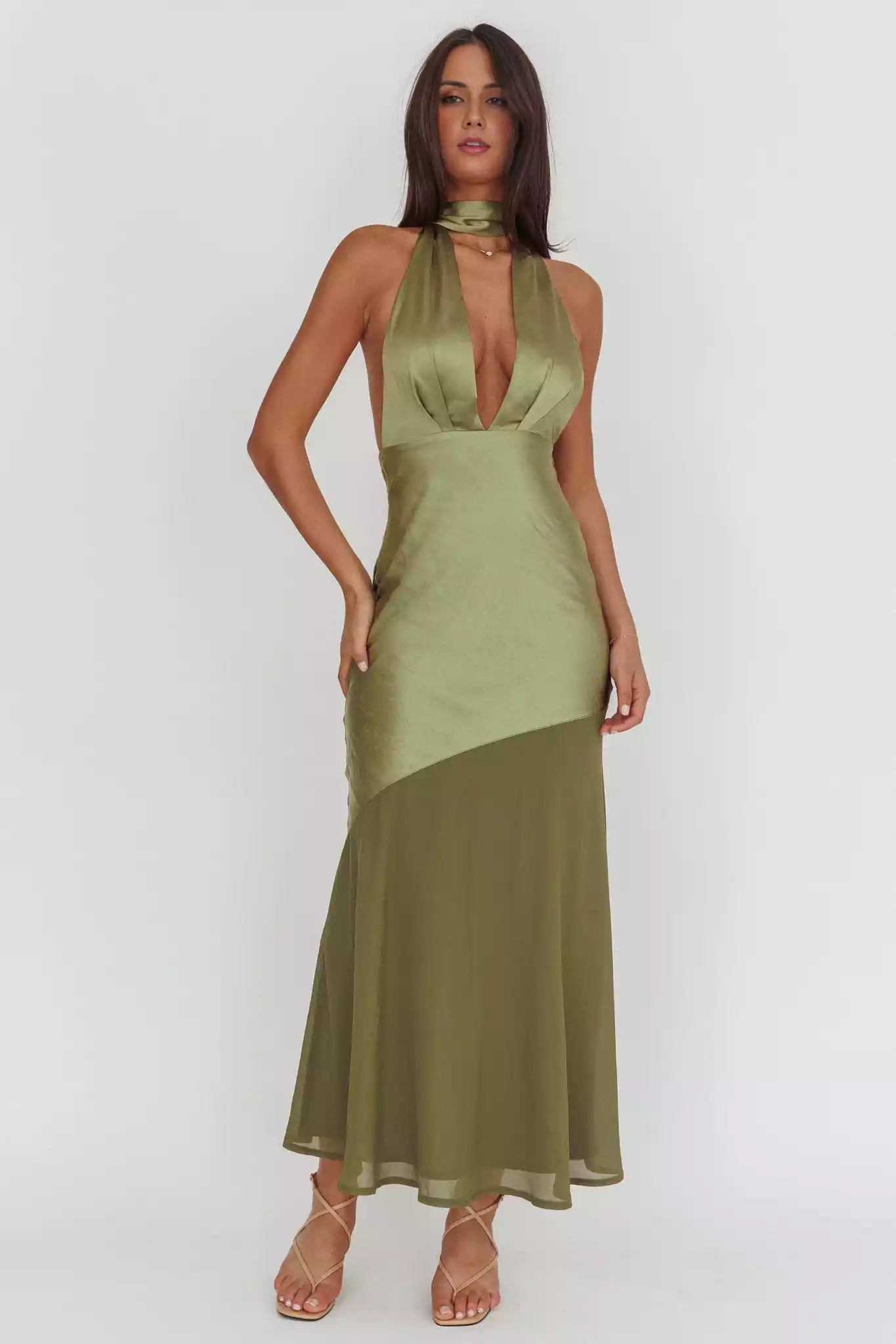 Absolutely stunning satin ultra long deep V-neck, backless, invisible side zipper Bridesmaid Dresses