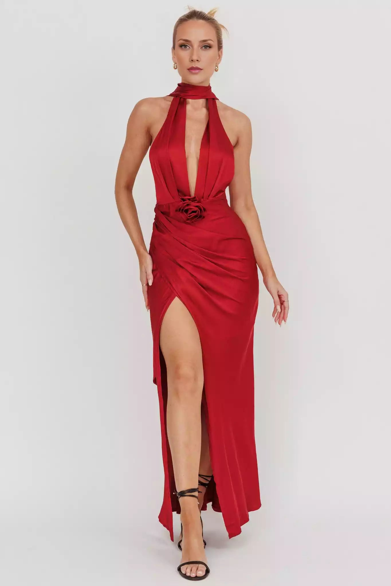 Absolutely stunning satin ultra long deep V-neck, backless rose, leg slits lined with invisible back zipper, Bridesmaid Dresses