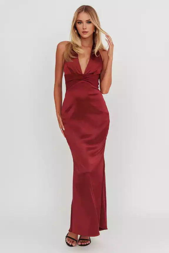 Absolutely stunning satin ultra long deep V-neck backless, unlined, invisible back zipper Dresses
