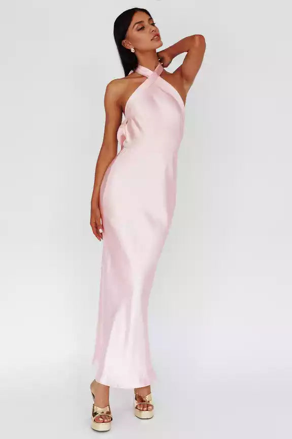 Absolutely stunning ultra long cross neck hanging, backless, adjustable shoulder straps with side zippers Prom Dresses