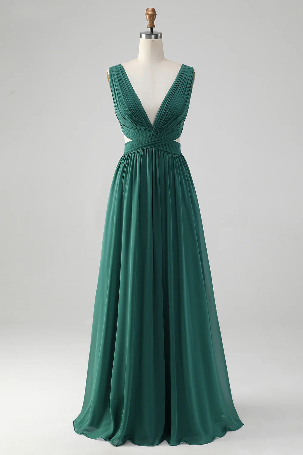 A charming A-line V-neck pleated chiffon long bridesmaid dress