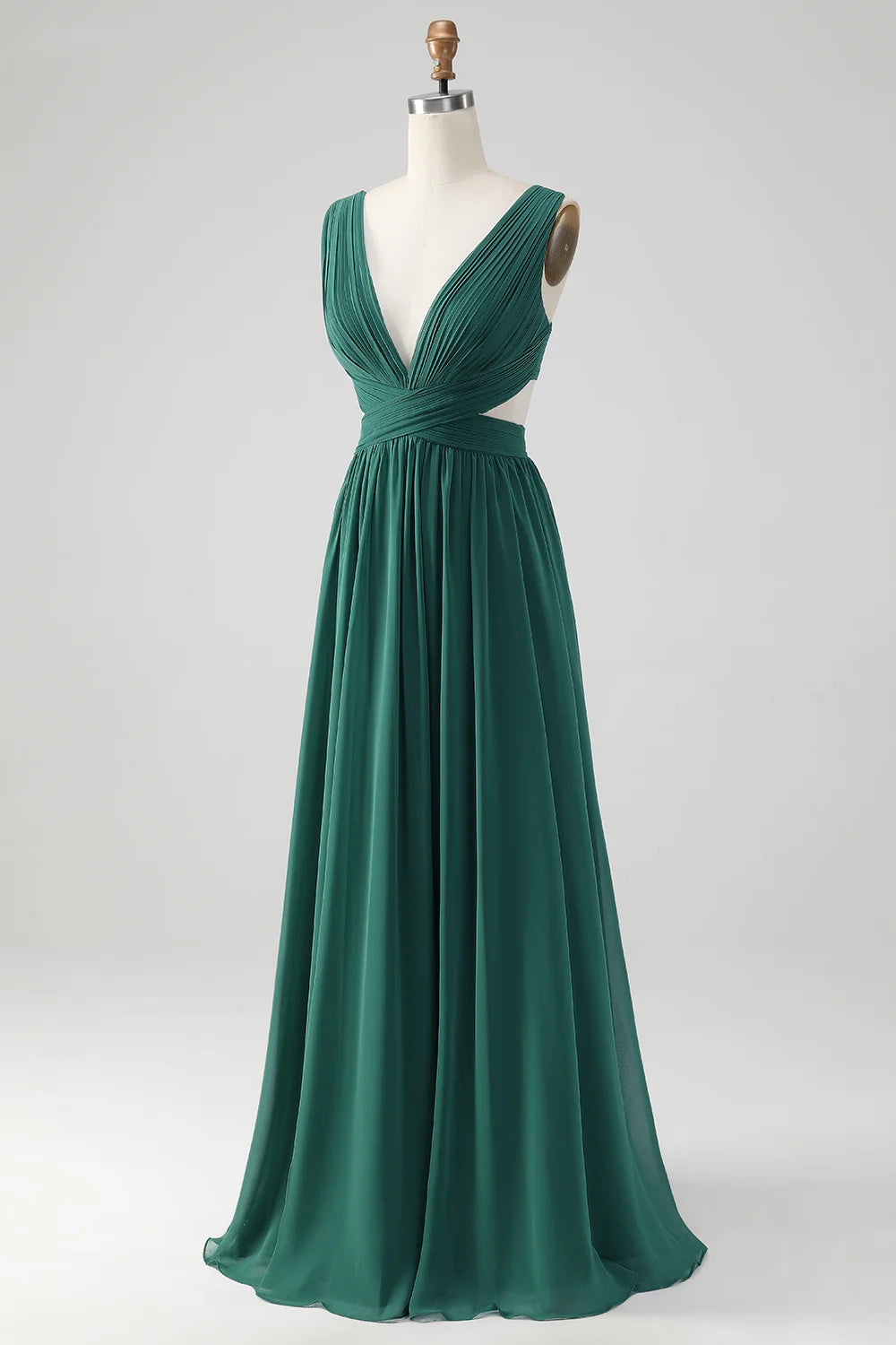 A charming A-line V-neck pleated chiffon long bridesmaid dress