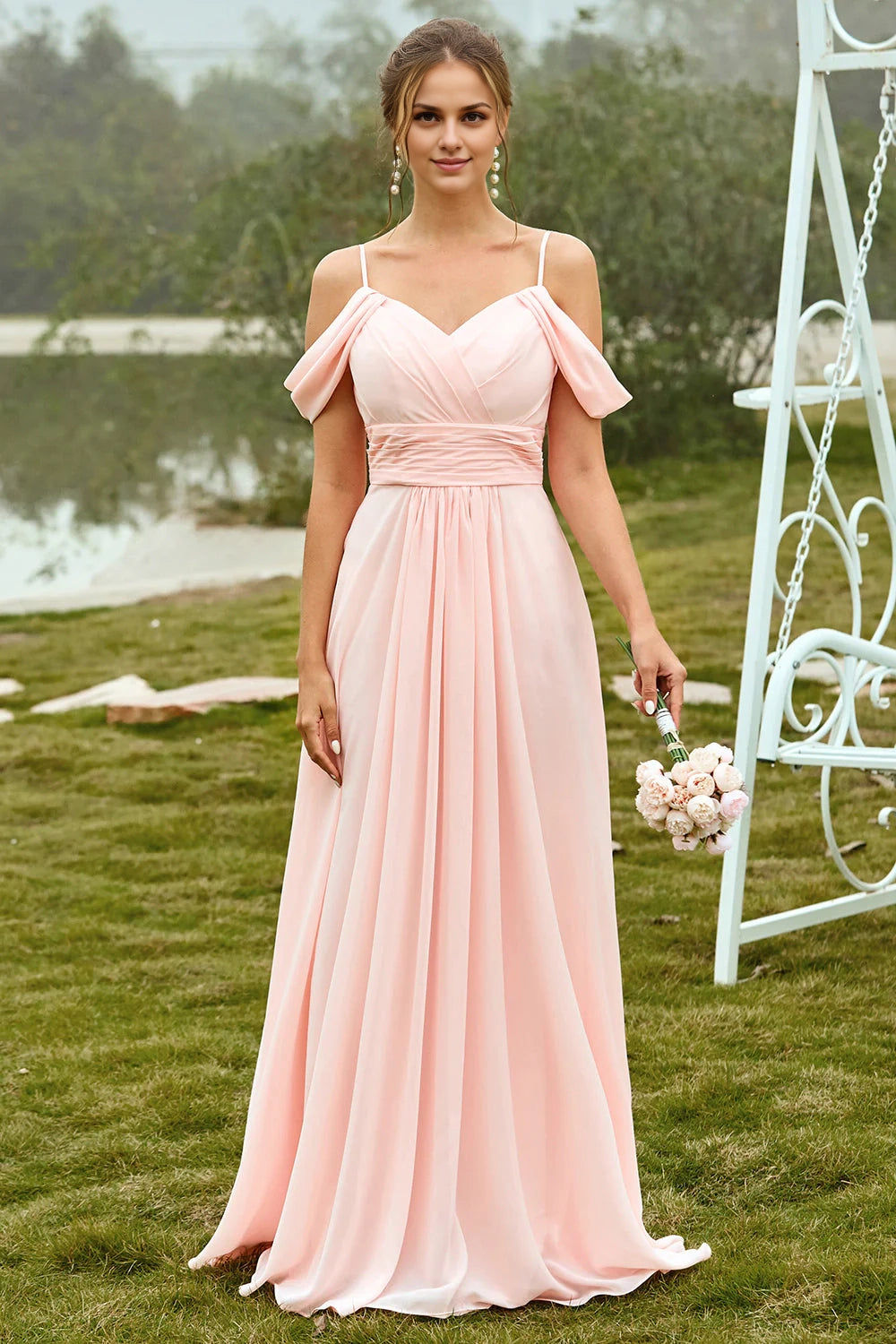 A charming A-line off shoulder long pleated bridesmaid dress with slim shoulder straps