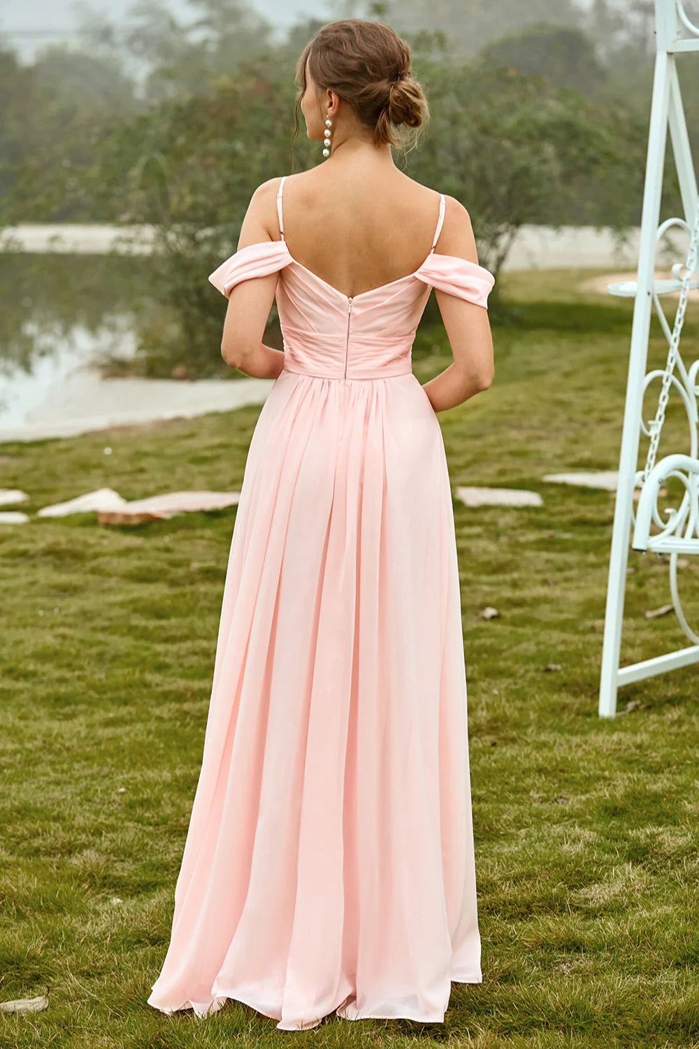 A charming A-line off shoulder long pleated bridesmaid dress with slim shoulder straps