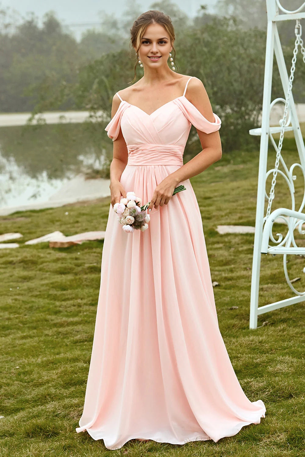 A charming A-line off shoulder long pleated bridesmaid dress with slim shoulder straps