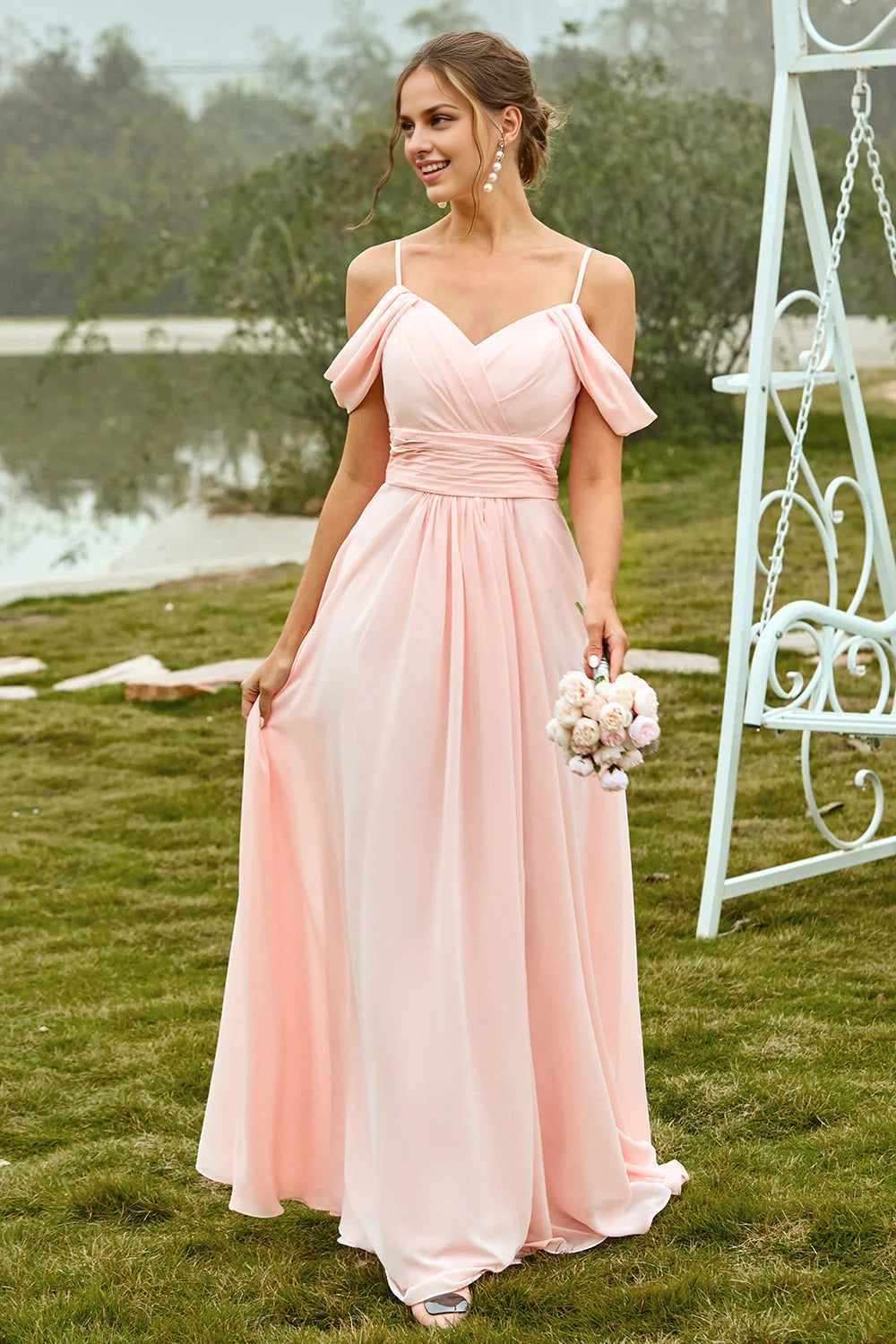 A charming A-line off shoulder long pleated bridesmaid dress with slim shoulder straps