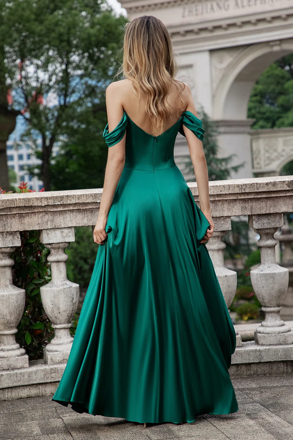 A charming A-line off shoulder pleated satin long bridesmaid dress with full charm