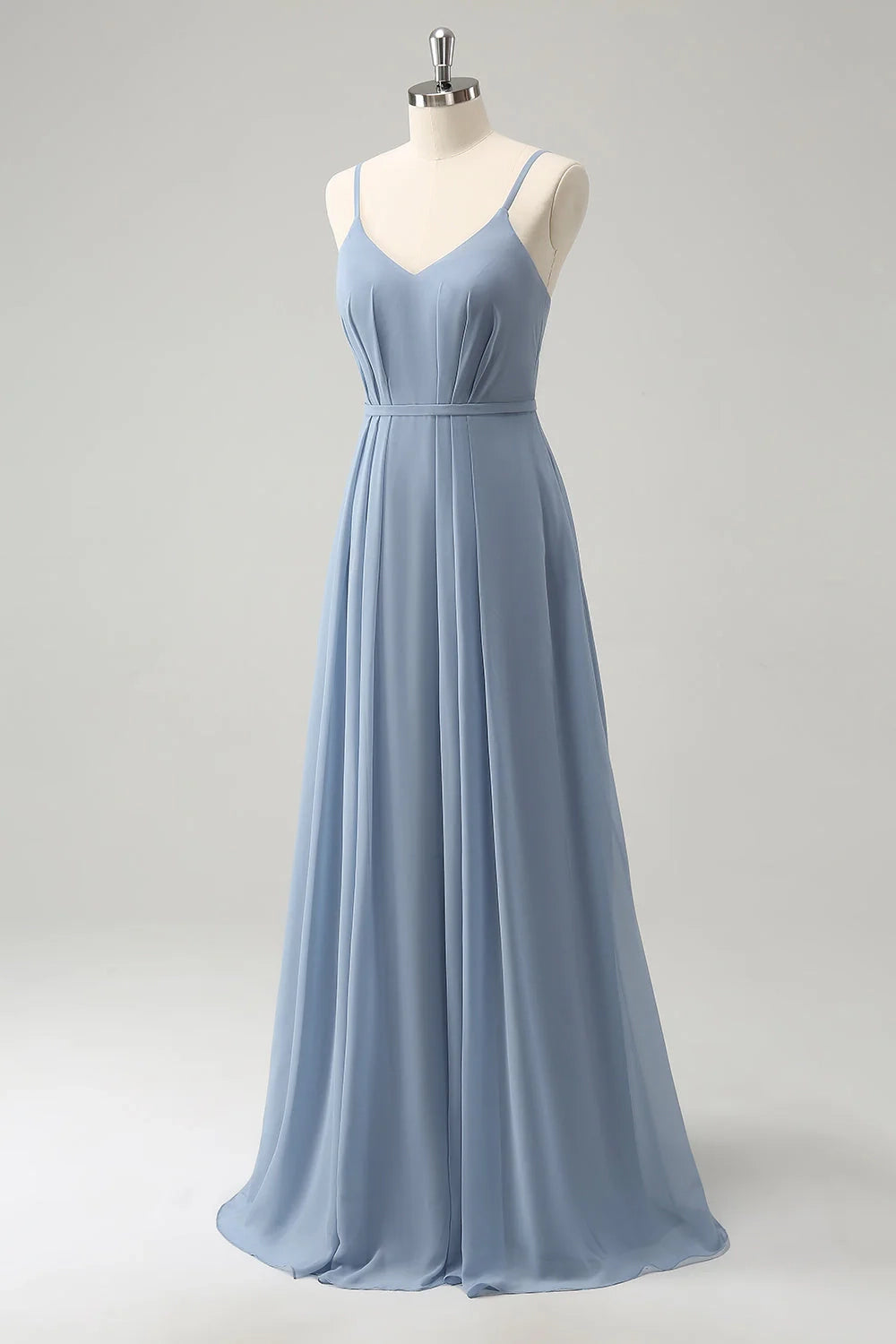 A charming A-line slim shoulder strap pleated long slit bridesmaid dress