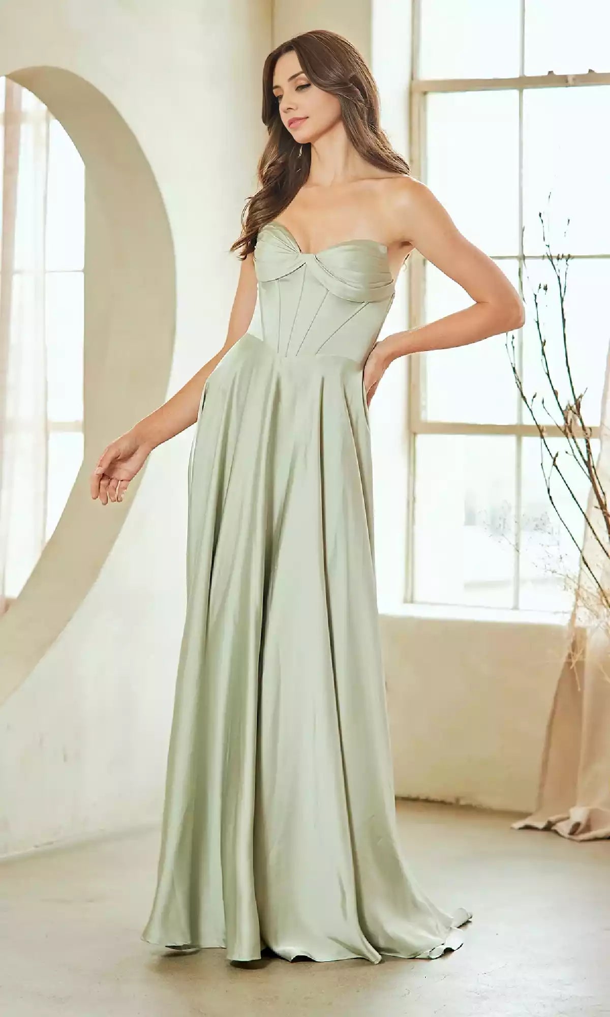 A classic long A-line corset with slim fit and beautiful design, imitating a wrapped body with side slits and A-line skirt, Prom Dresses