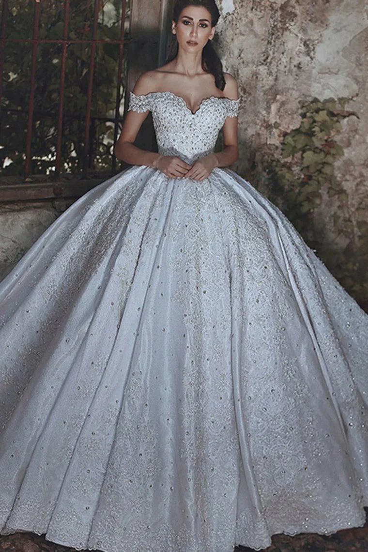 Stunning and elegant long off shoulder lace beaded wedding dress
