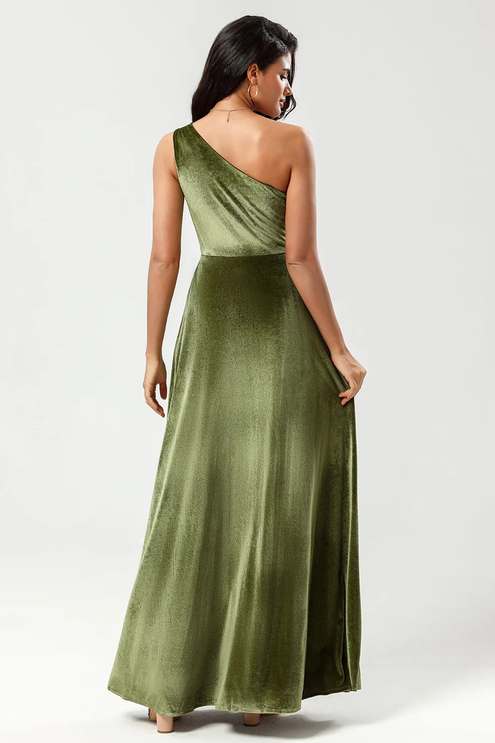 A striking A-line single shoulder and floor velvet slit bridesmaid dress