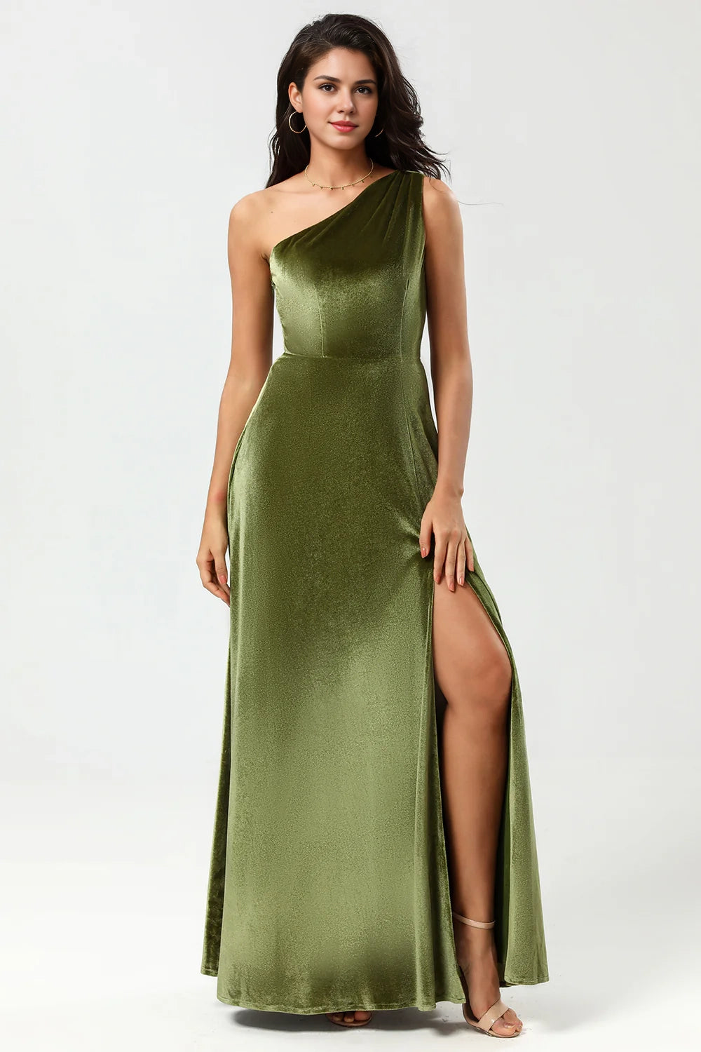 A striking A-line single shoulder and floor velvet slit bridesmaid dress