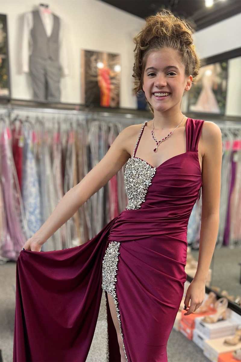 Asymmetric magenta beaded ball party long dress