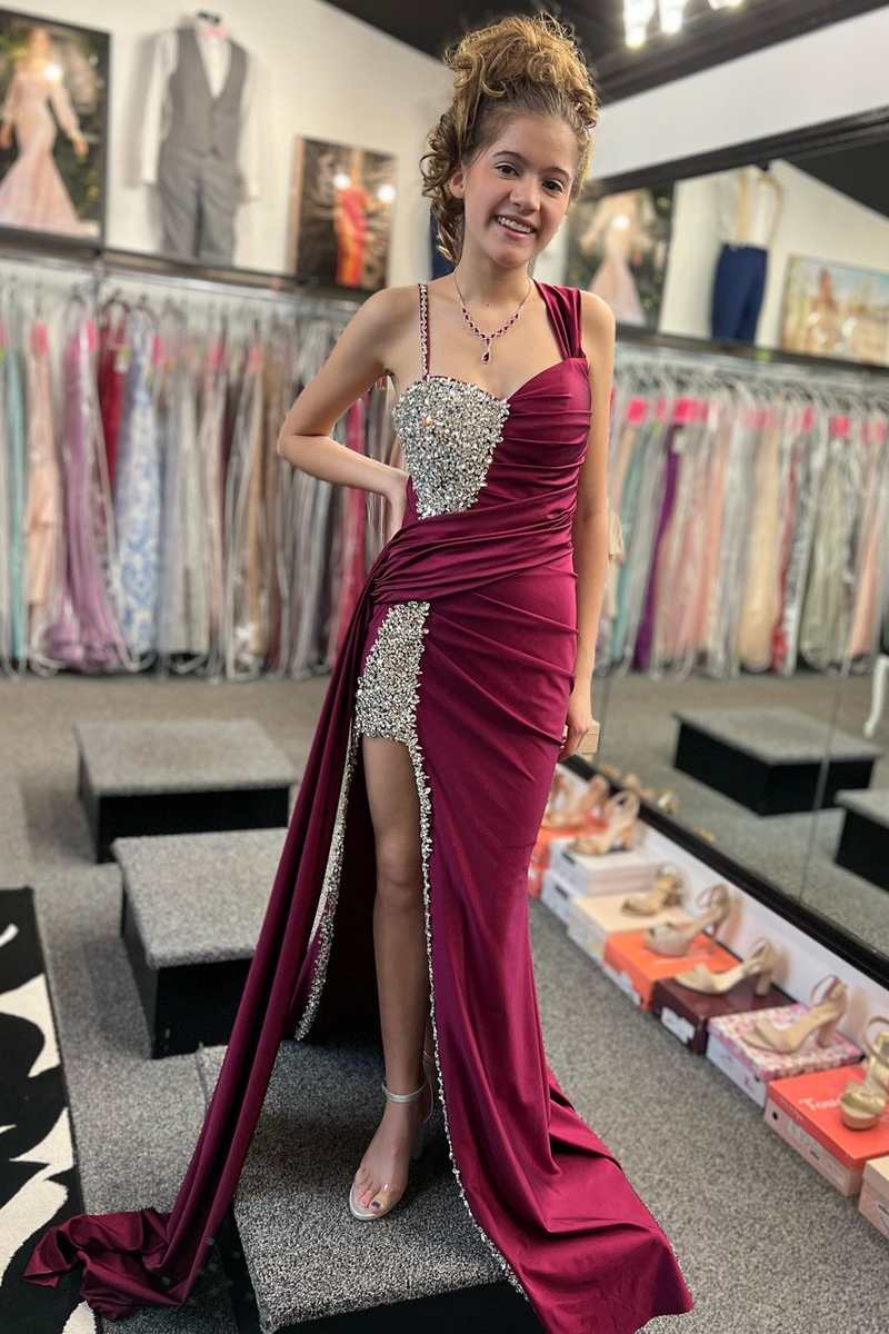 Asymmetric magenta beaded ball party long dress