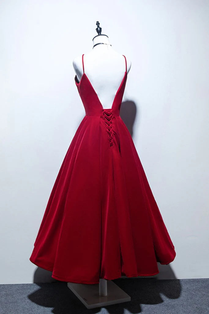 Noble and elegant asymmetrical ball dress with satin sweet red tea long style