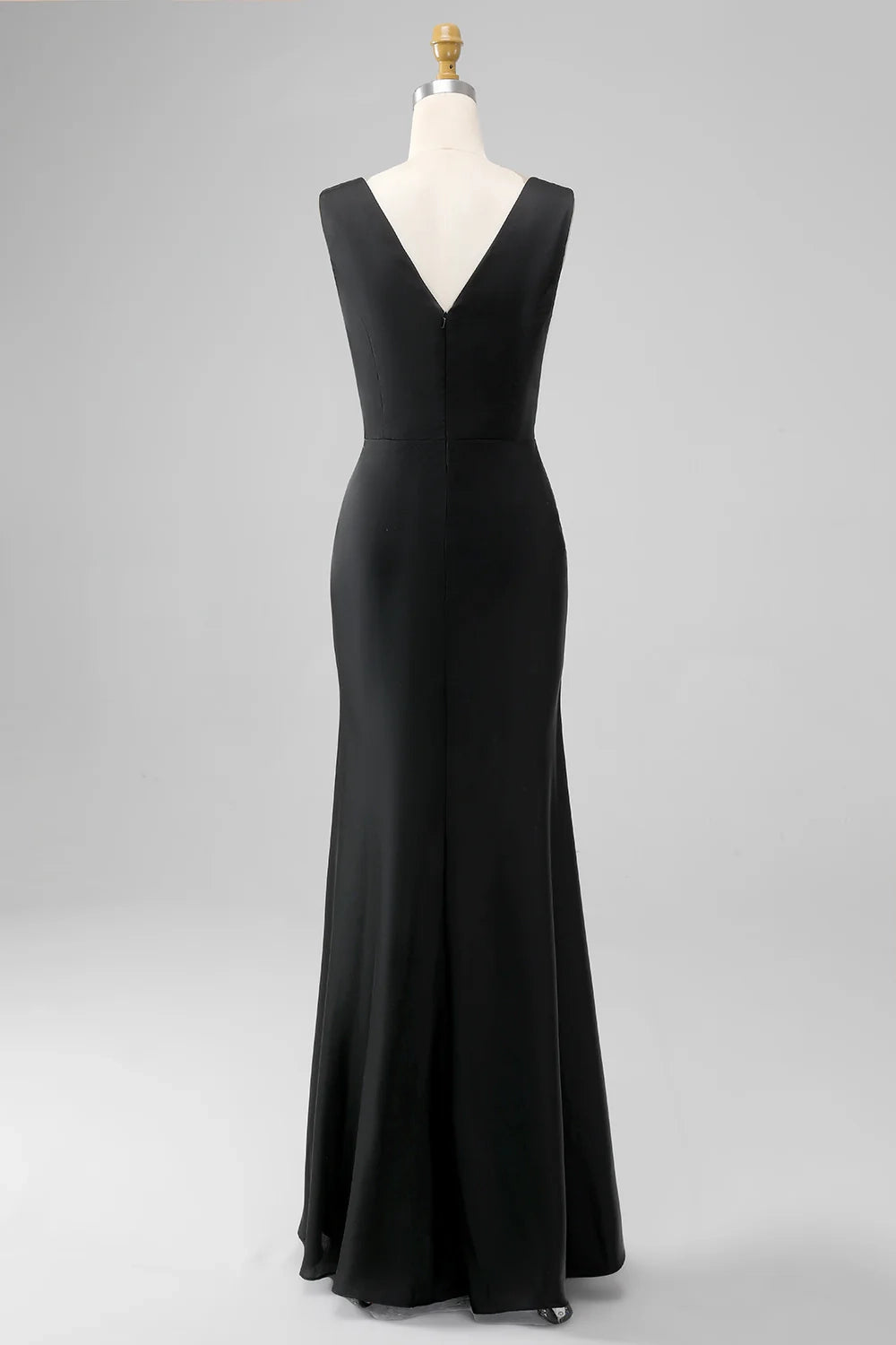 A tight fitting V-neck sleeveless and satin bridesmaid dress with full charm